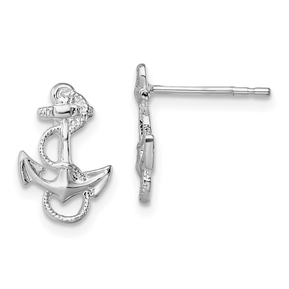 925 Sterling Silver Nautical Rhodium-plated Mini Anchor with Rope Post Earrings